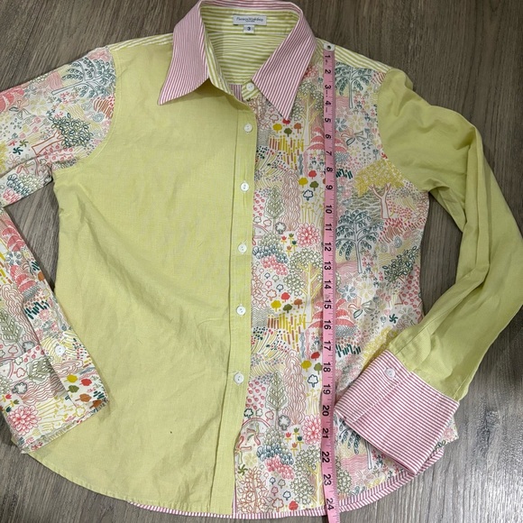 FlatIron Workshop Button-Up Top Sz 3 Long Sleeve Green Pink Trees Stripe Preppy - Picture 10 of 14